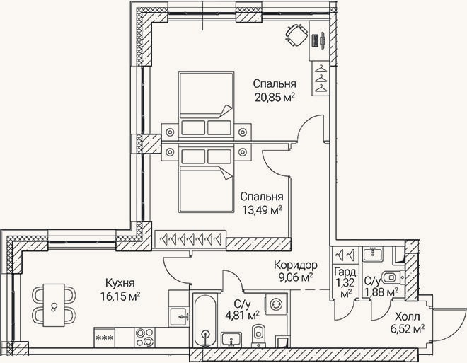 Планировка: 3-к, 74,1 м²