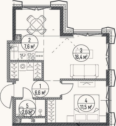 Планировка: 2-к, 44,7 м²