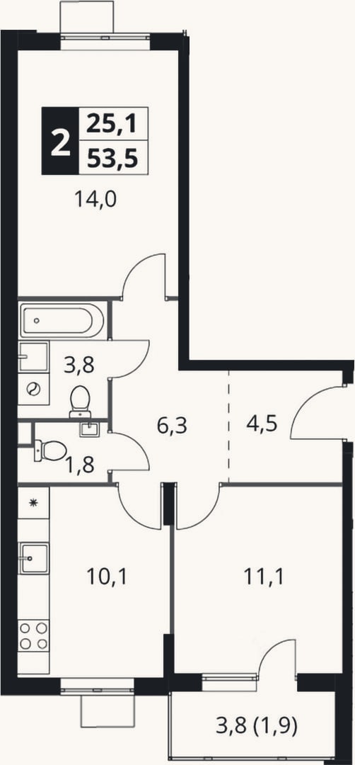Планировка: 2-к, 51,6 м²