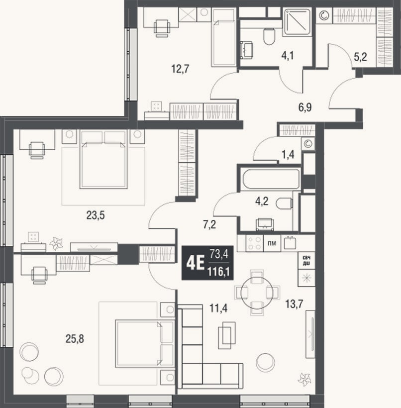 Планировка: 4+ к, 116,1 м²