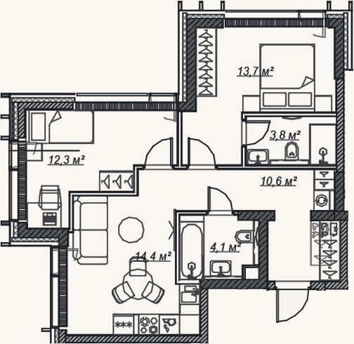 Планировка: 3-к, 58,9 м²