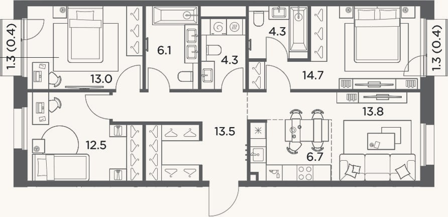 Планировка: 4+ к, 88,9 м²