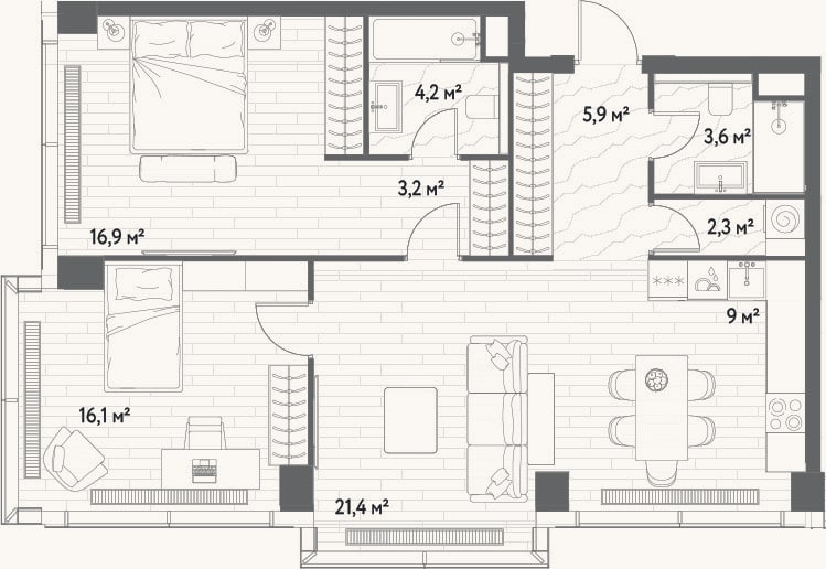 Планировка: 3-к, 82,6 м²