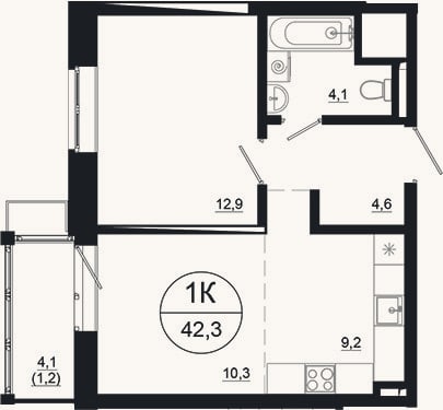 Планировка: 2-к, 41,1 м²