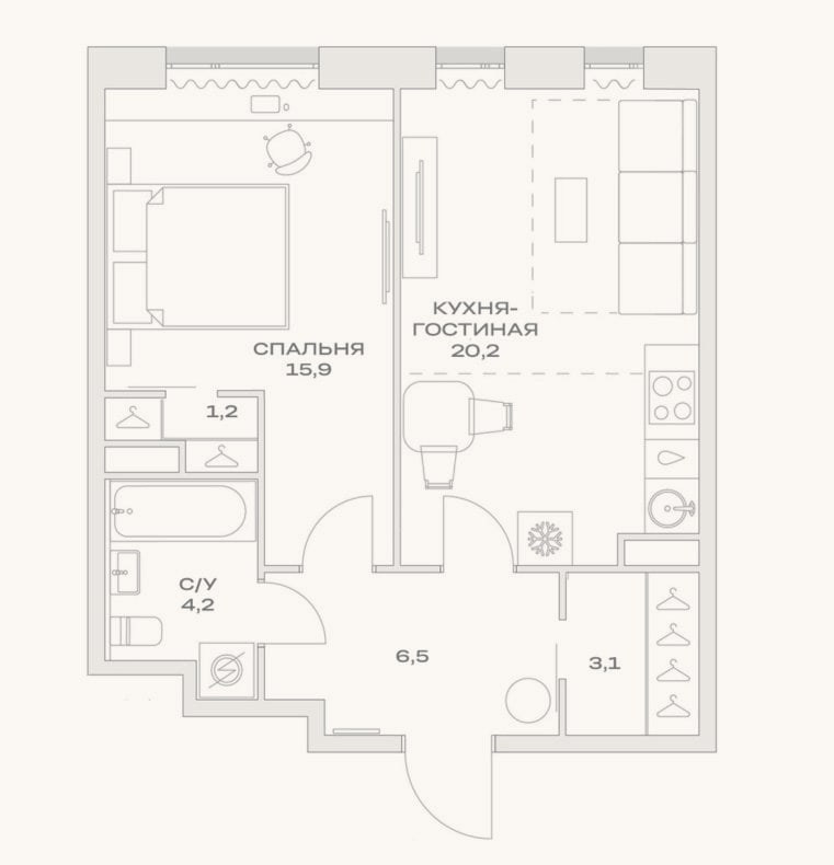 Планировка: 2-к, 51,1 м²