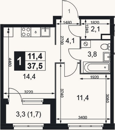 Планировка: 1-к, 35,8 м²