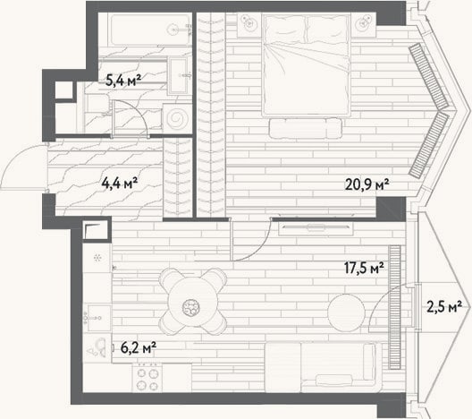 Планировка: 2-к, 54,4 м²