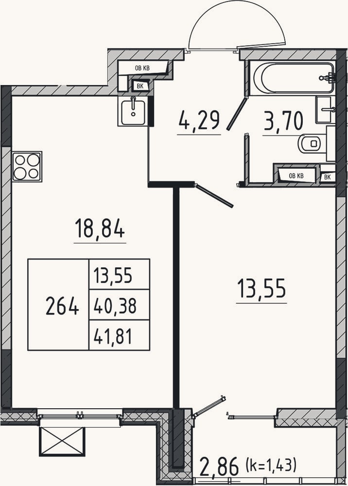 Планировка: 2-к, 40,4 м²