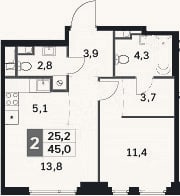 Планировка: 2-к, 45 м²