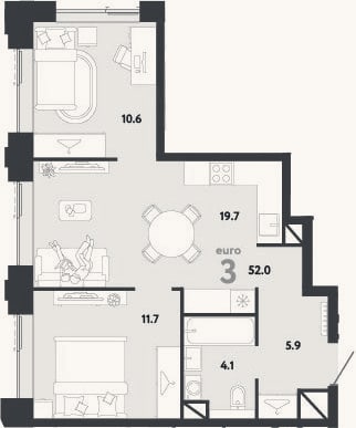 Планировка: 3-к, 52 м²