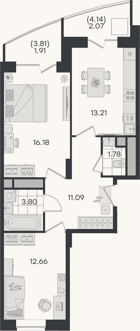 Планировка: 2-к, 58,7 м²