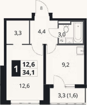 Планировка: 1-к, 32,5 м²