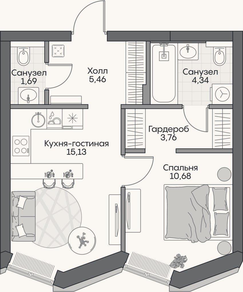 Планировка: 2-к, 48,4 м²