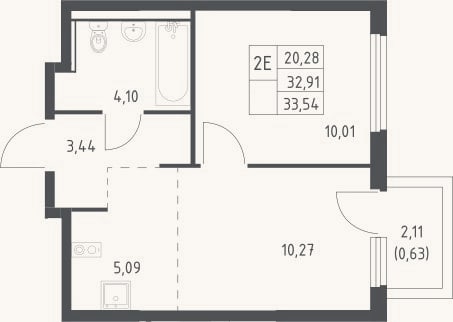 Планировка: 2-к, 42,3 м²