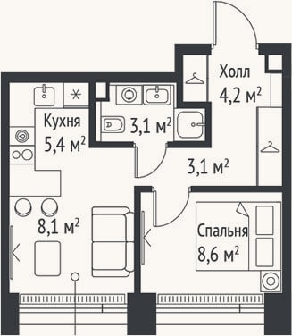 Планировка: 2-к, 32,5 м²