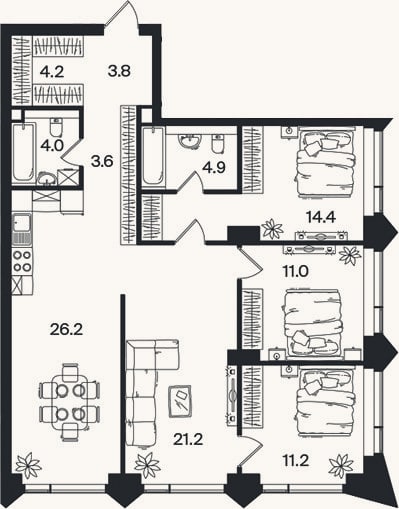 Планировка: 4+ к, 104,5 м²