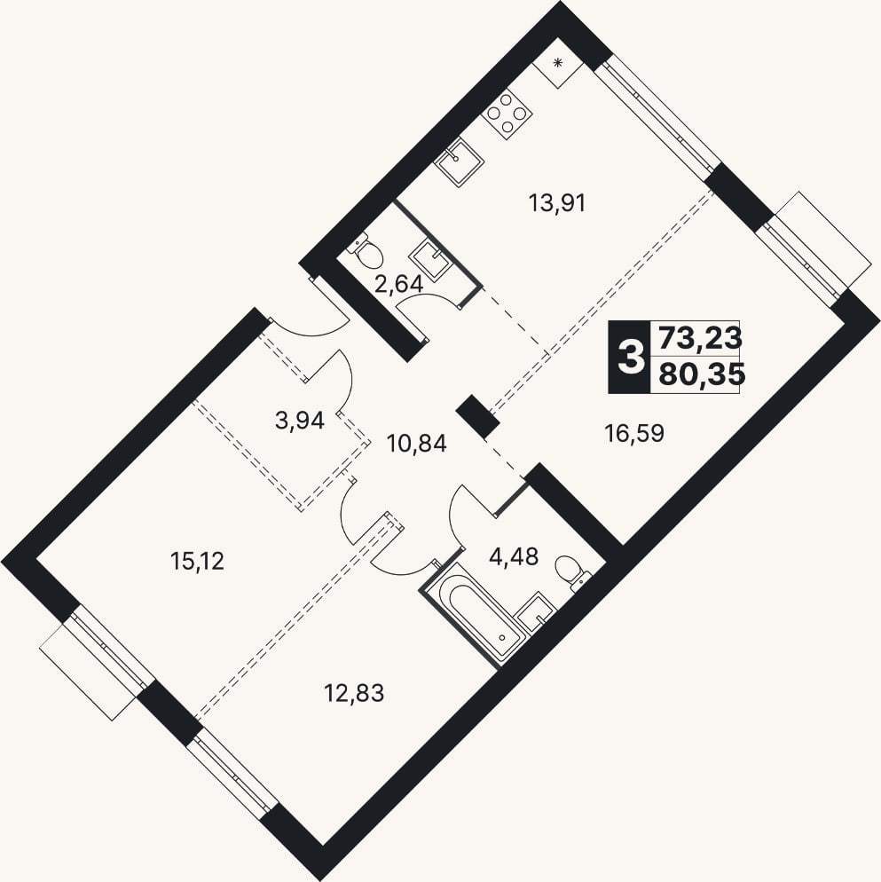 Планировка: 3-к, 80,4 м²