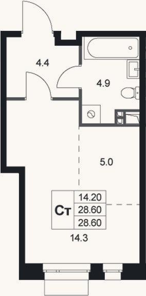 Планировка: Студия, 28,6 м²