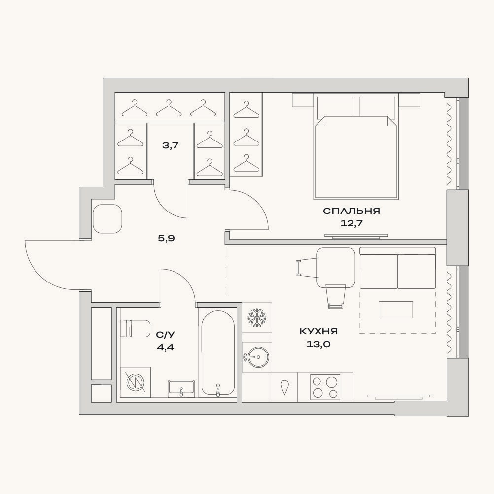 Планировка: 1-к, 39,7 м²