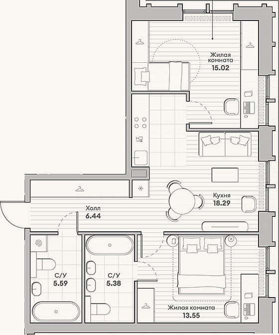 Планировка: 2-к, 64,3 м²