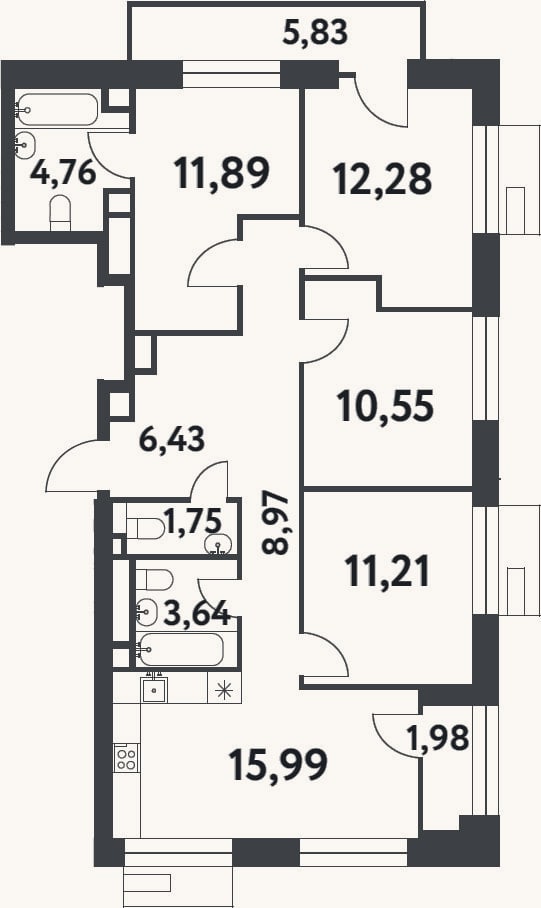 Планировка: 4+ к, 87,5 м²