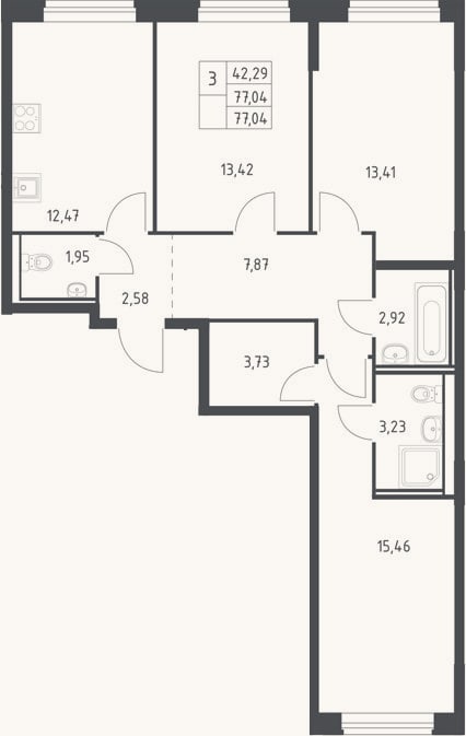 Планировка: 3-к, 77 м²