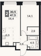 Планировка: 2-к, 47,5 м²