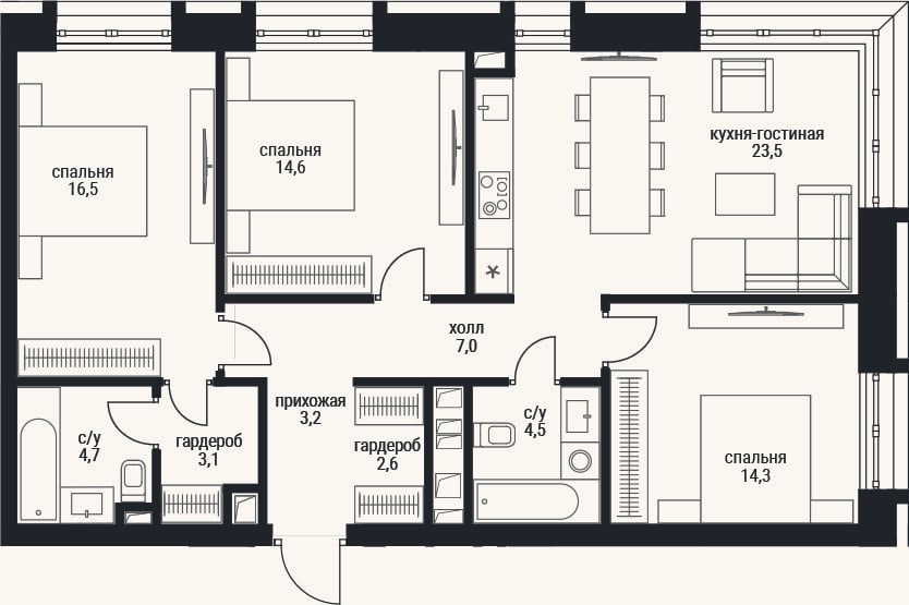 Планировка: 4+ к, 94 м²