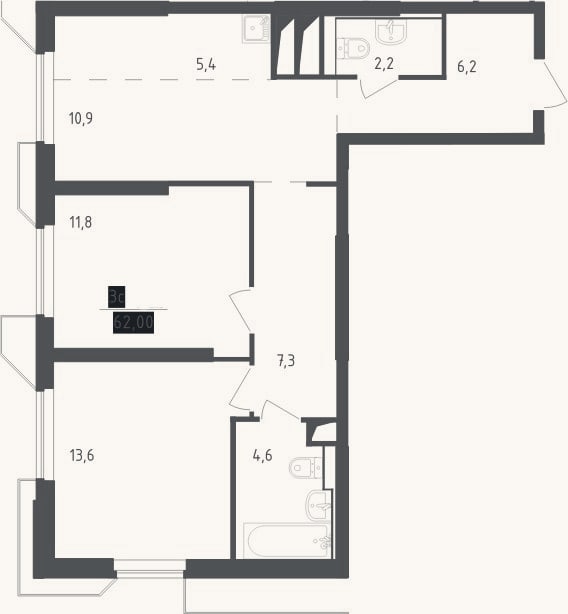 Планировка: 3-к, 62 м²