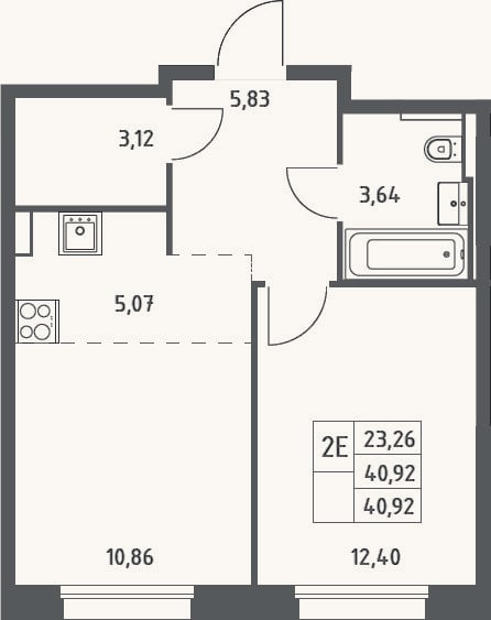 Планировка: 2-к, 40,9 м²
