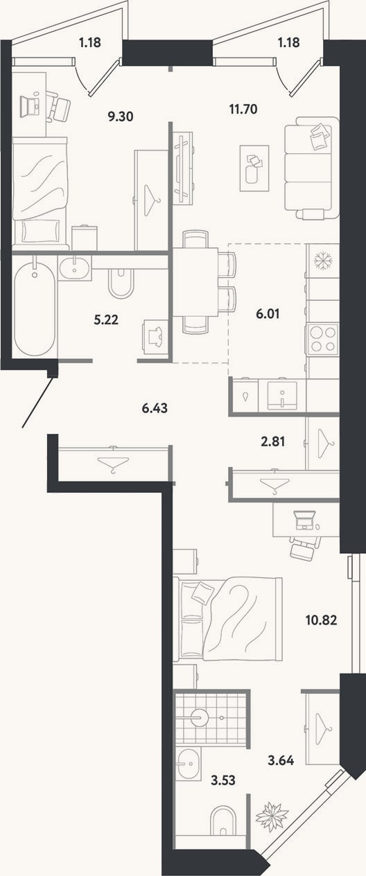 Планировка: 2-к, 59,5 м²