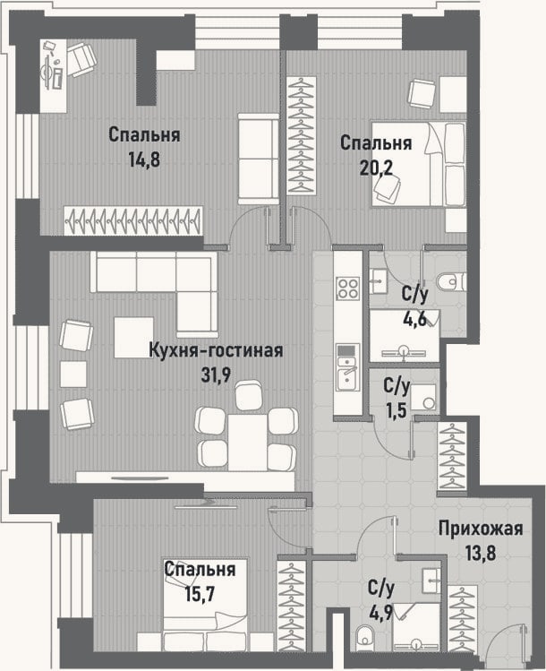 Планировка: 4+ к, 96,9 м²