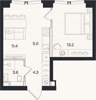 Планировка: 2-к, 37,5 м²