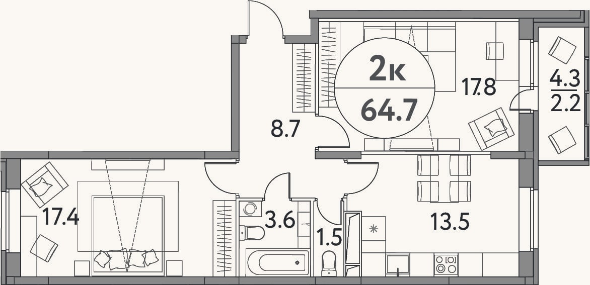 Планировка: 2-к, 62,5 м²
