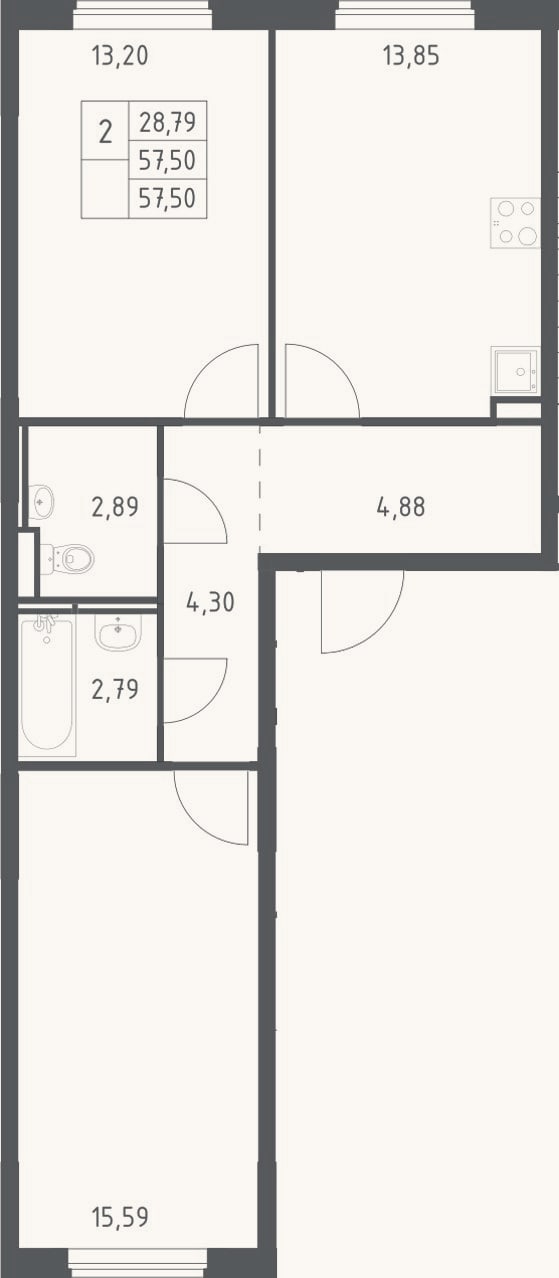 Планировка: 2-к, 57,5 м²