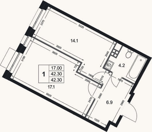 Планировка: 1-к, 42,3 м²
