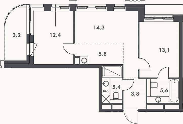 Планировка: 3-к, 60,4 м²