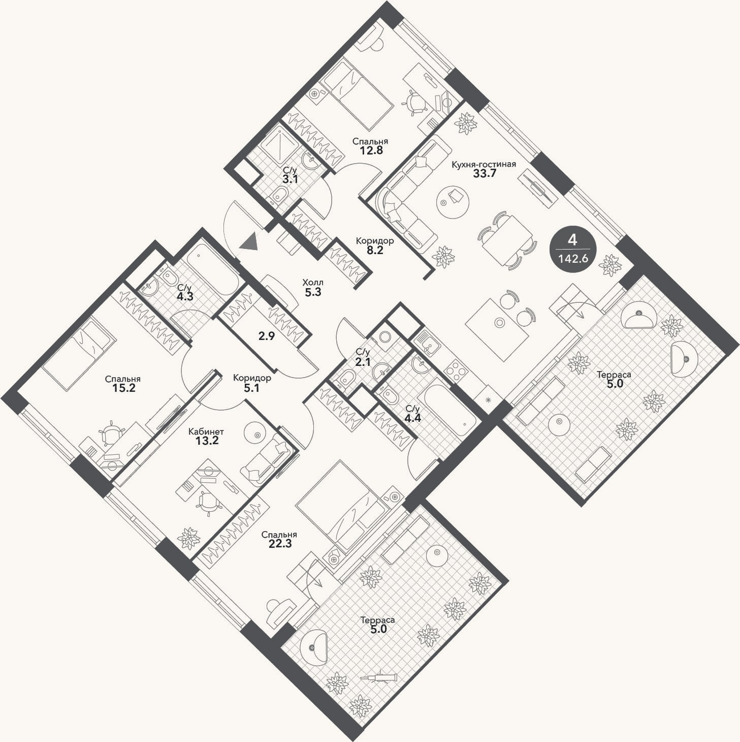 Планировка: 4+ к, 132,6 м²