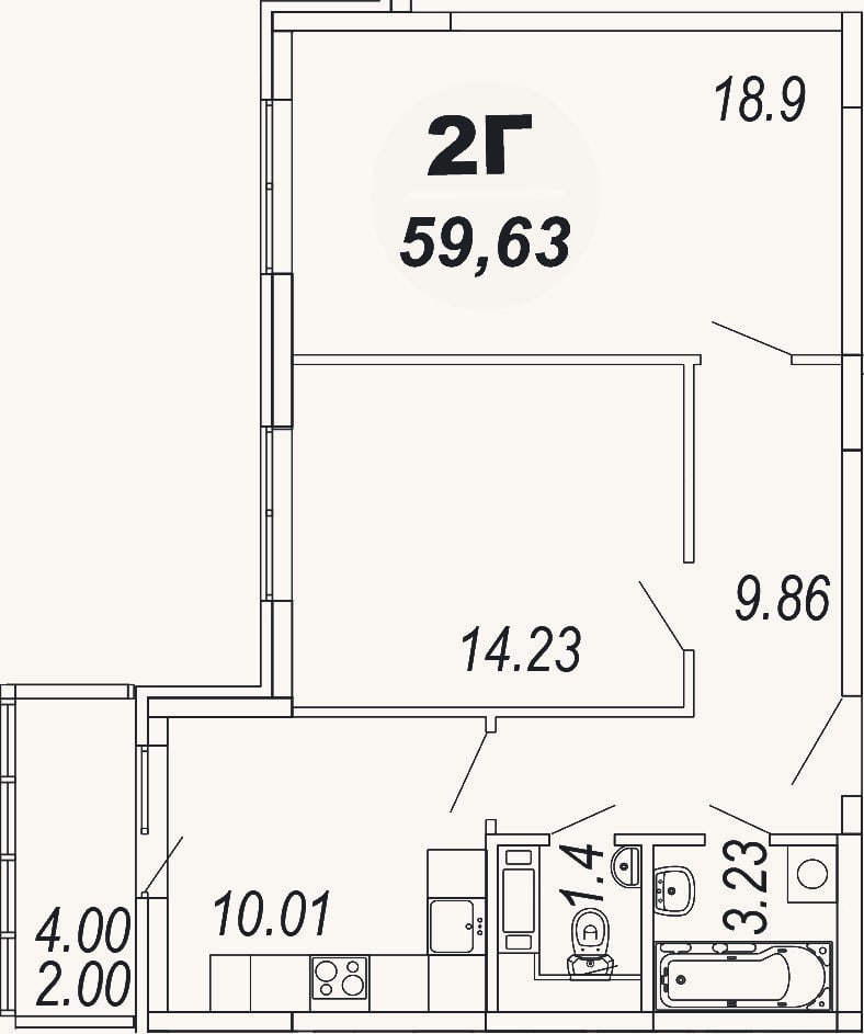 Планировка: 2-к, 57,6 м²