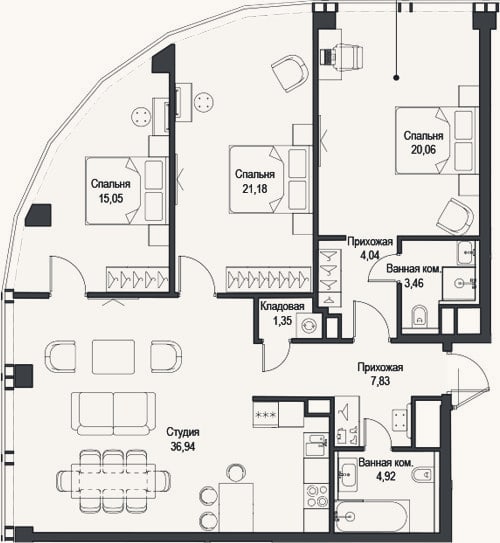 Планировка: 4+ к, 114,8 м²