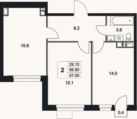 Планировка: 2-к, 56,9 м²