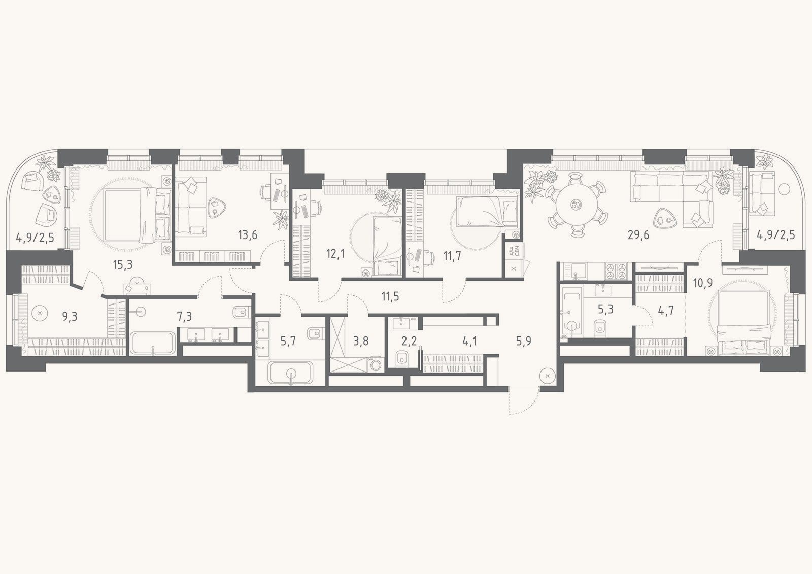 Планировка: 4+ к, 153 м²