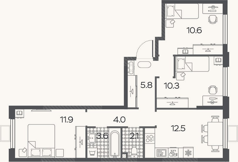 Планировка: 3-к, 60,8 м²