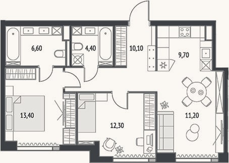 Планировка: 3-к, 67,7 м²