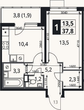 Планировка: 1-к, 35,9 м²