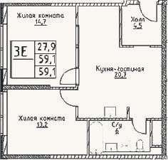 Планировка: 3-к, 59,1 м²