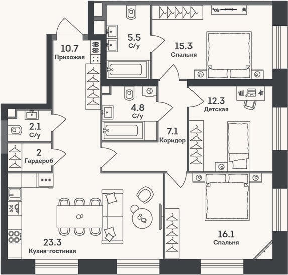 Планировка: 4+ к, 99,2 м²
