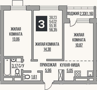 Планировка: 3-к, 54 м²