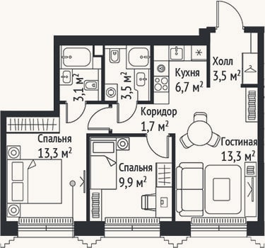 Планировка: 3-к, 55 м²