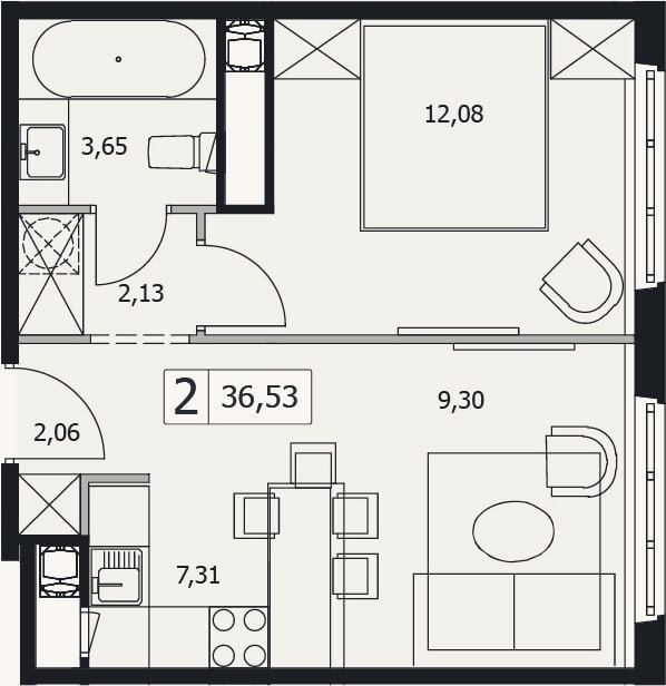 Планировка: 2-к, 36,5 м²